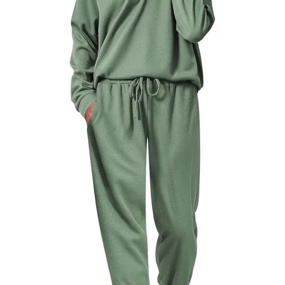 Ekouaer Pajamas Women's Waffle Knit Sleepwear Long Sleeve Loungewear Set - Picture 3 of 3